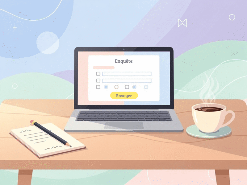 image illustrant une enquête de satisfaction faite sur un ordinateur avec une tasse à café et un bloc note posés à côté